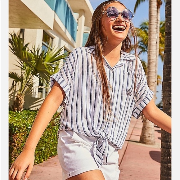 Stripe Tie Hem Button Up Shirt - Picture 1 of 3